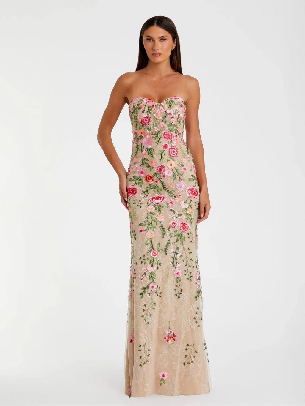 Mac Duggal Beige Floral Embroidered Strapless Bustier Gown - Pink On Nude